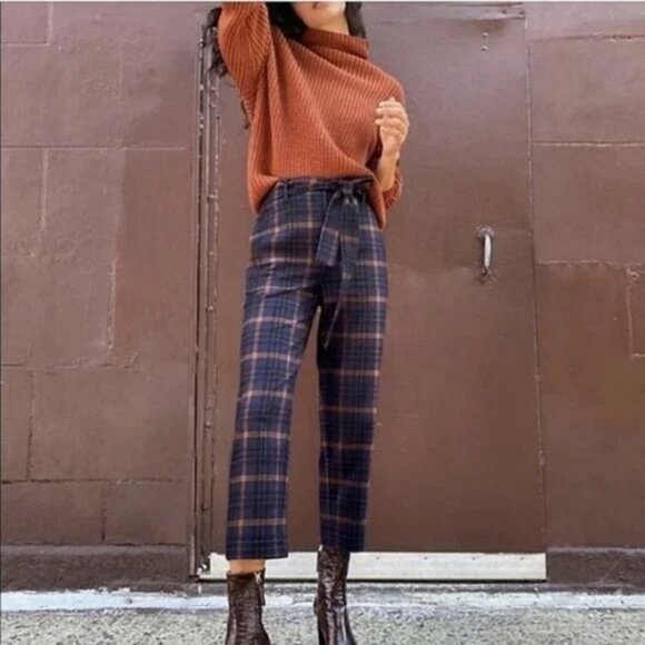 Aritzia Wilfred Tie Front Belt Plaid Pants Cropped High Rise Waisted Trousers - Picture 13 of 15